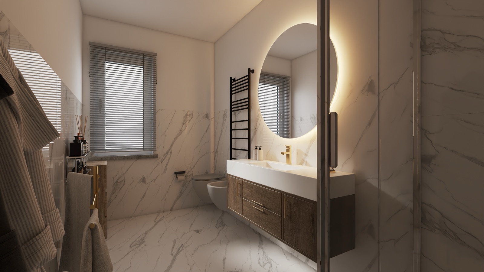 Bagno contemporaneo con rivestimenti chiari e mobile lavabo sospeso