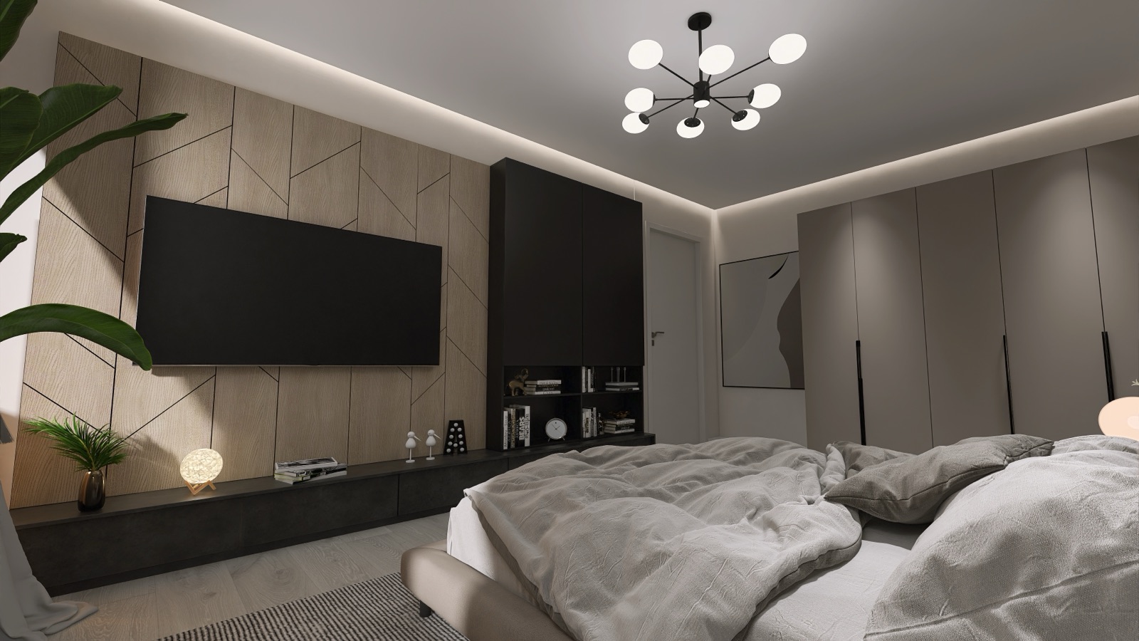 Camera da letto con parete attrezzata in legno e illuminazione integrata