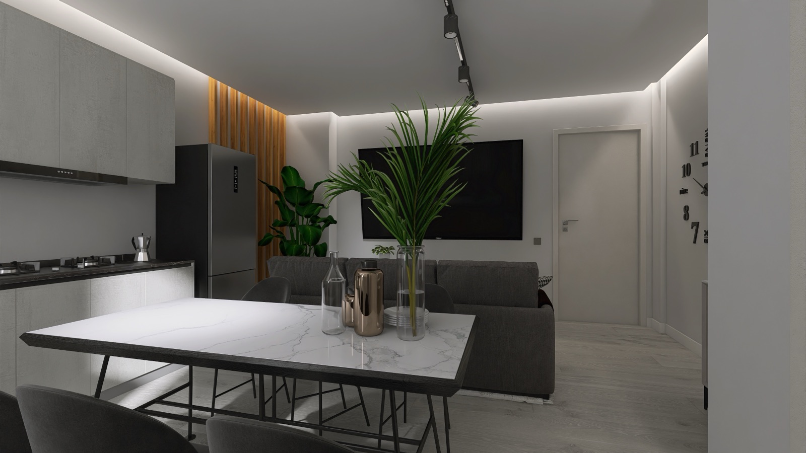 Ambiente living e cucina rappresentato per una visita virtuale