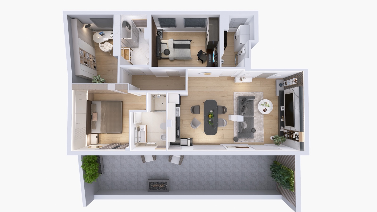 Planimetria 3D completa di una residenza con terrazza