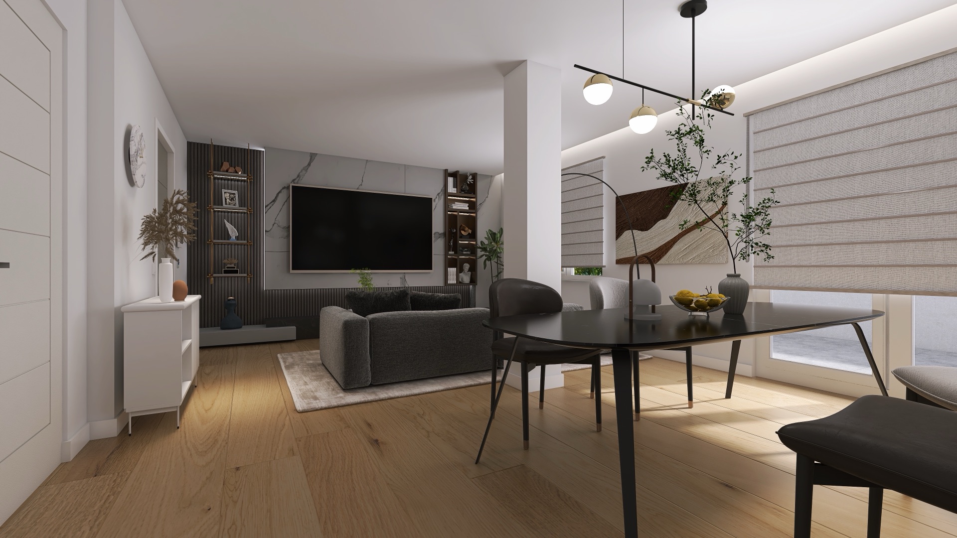 Rendering di soggiorno e zona pranzo contemporanei con luce naturale