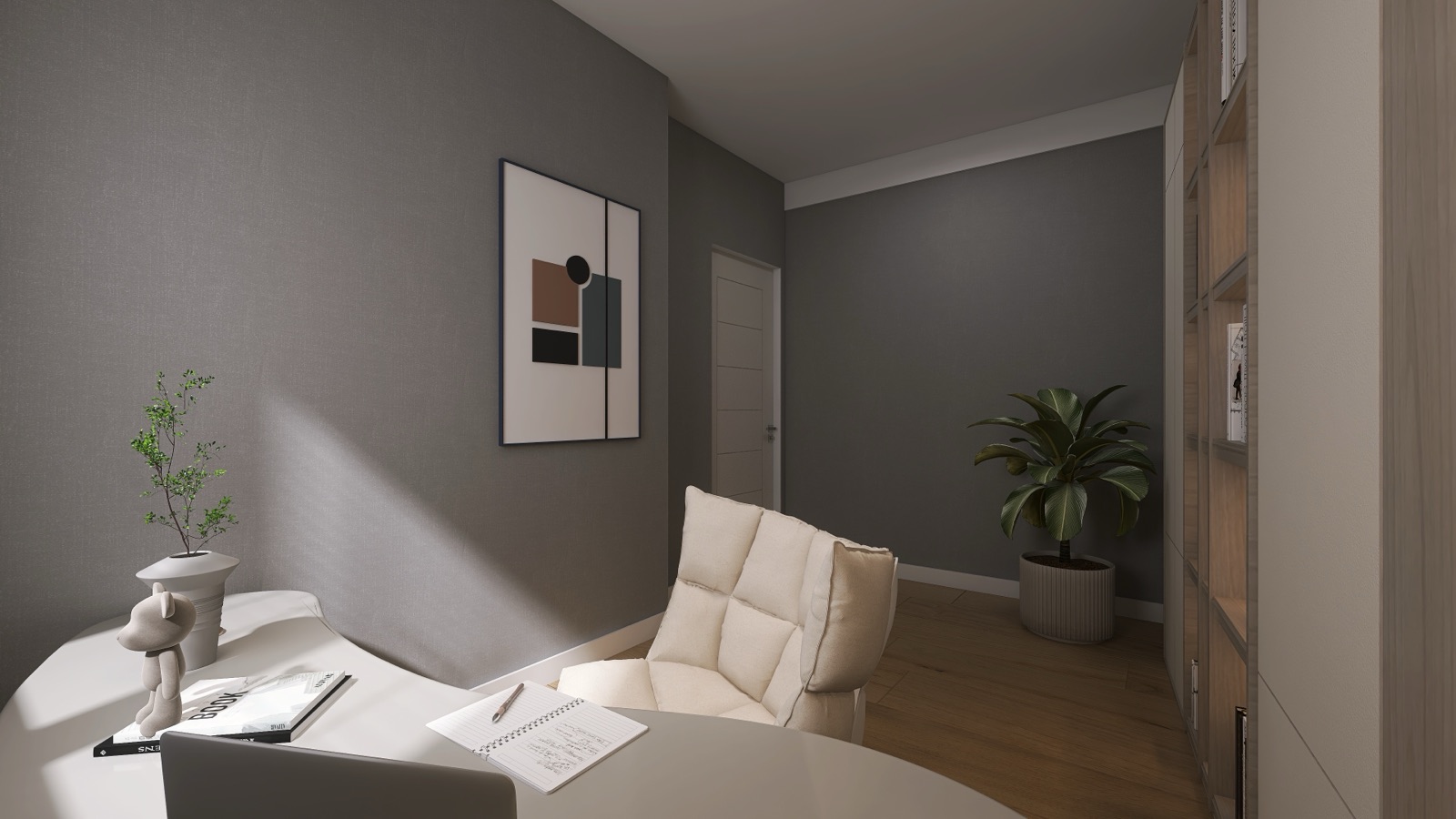 Studio domestico con scrivania, libreria e illuminazione a soffitto