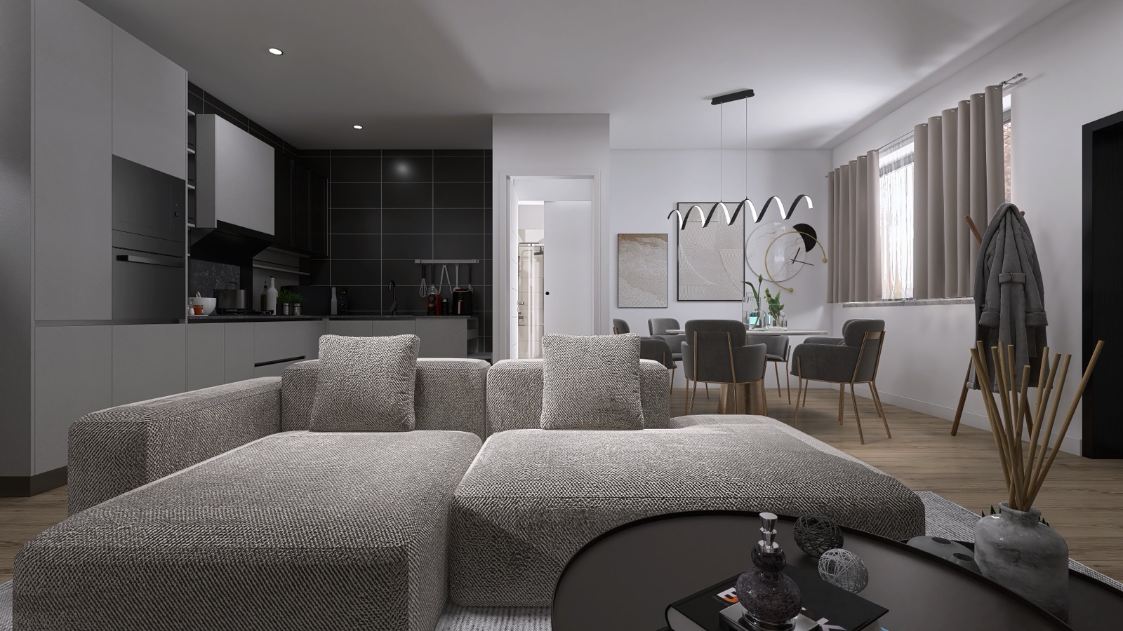 Rendering di soggiorno in tonalità grigie con cucina e zona pranzo sullo sfondo